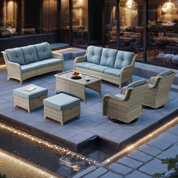 Rilyson Patio Furniture Swivel Chairs Set - 7 PC Wicker Rattan Outdoor Sectional Conversation Sets with Rocking Chairs,Ottoman,Sofa and Coffee Table for Porch Deck Garden(Light Grey/Sky Blue)