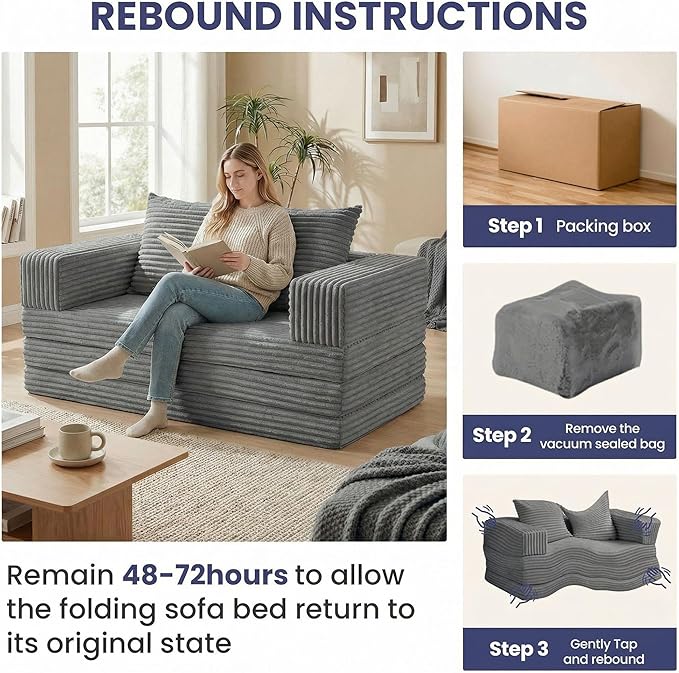 Convertible Sofa Bed, 4-in-1 Boneless Loveseat with Removable Armrests Backrest, Corduroy Futon Couch Bed with Pillow, Foldable Mattress Sleeper Sofa for Living Room Bedroom Small Place (Grey)