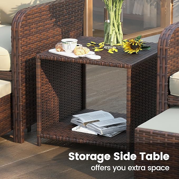 UDPATIO Wicker Patio Furniture Chair with Hiddern Ottoman for Balcony, 5 Piece Patio Conversation Set with Side Table for Front Porch Deck