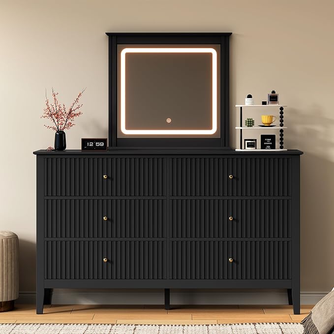 RoyalCraft Black Vanity Desk with Lighted Mirror, Fluted Makeup Vanity Table with 3 Lighting Modes, Modern Wood Dressing Table with 6 Drawers for Bedroom - Image 9