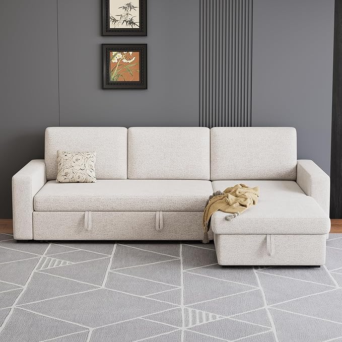 81.5" Convertible L Shaped Sleeper Sofa, 3-Seat Pull Out Sectional Couch with Storage Chaise & Removable Cushions, Chenille Fabric for Small Living Room Apartment, Beige