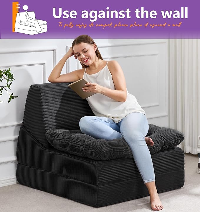 Hobestluk Sofa Couch Folding Sofa Bed Comfy Floor Lounger Convertible Sofa with Removable Cushion Couches for Small Spaces Foldable Mattress for Living Room Bedroom or Office (Cordury Black, Large)