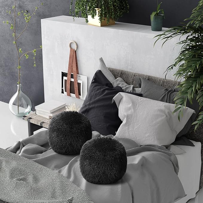 2 Pack Plush Round Ball Throw Pillow 10 Inch Nordic Soft Boucle Pillows Spherical Fuzzy Pillows Circle for Couch Sofa Bed Bedroom Living Room Office School Chair Decorations(Black)