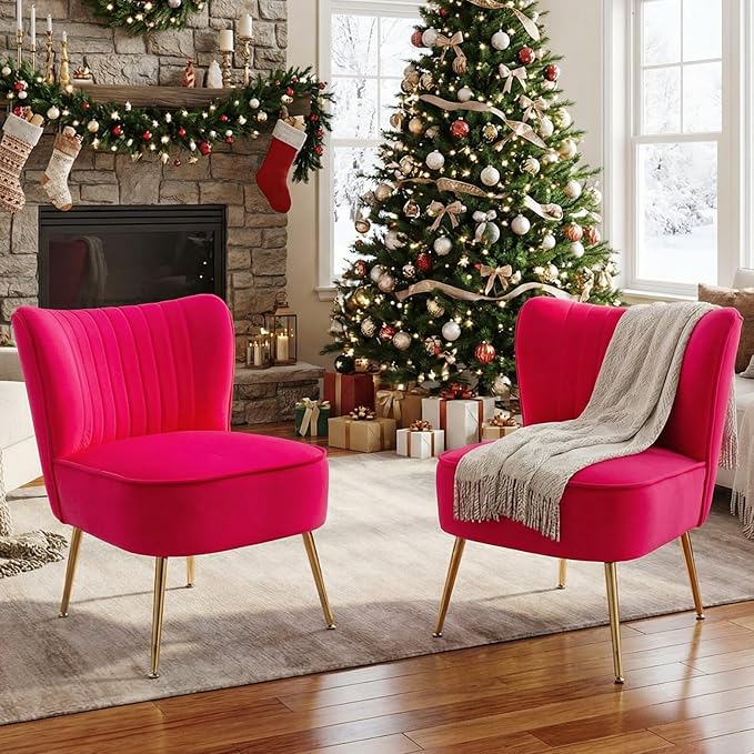 DUOMAY Modern Accent Chair Set of 2 Velvet Slipper Chair with Gold Legs Wingback Side Chair for Living Room Bedroom Entryway Small Corner Chair for Space Saving, Rose Red
