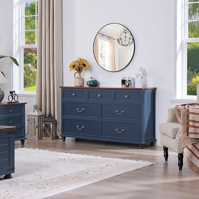 Joaxswe 24" Wide Farmhouse Nightstand Set of 2, 54" 7 Drawers Dresser, 45" Tall Rustic Chests of 5 Drawers w/ 4 Solid Wood Feet, Farmhouse Furniture Series for Living Room,Bedroom,DarkBlue