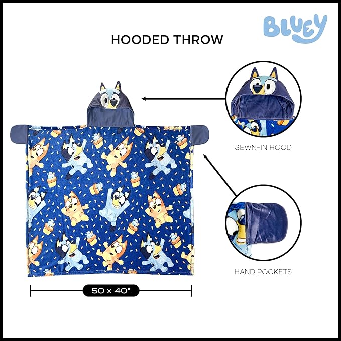 Northwest BBC Studios Bluey Throw Blanket, Wearable Hooded 3D Sculpted Silk Touch Throw, 40"x50"