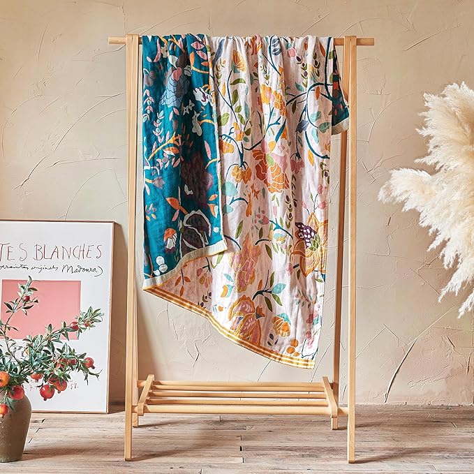 Boho Throw Blanket - 50"x60" 100% Cotton Ultra Soft Lightweight Blanket, 4-Layer Breathable Muslin Spring Blankets for Bed Couch, Reversible Green Floral Printed Bohemian Cotton Quilt