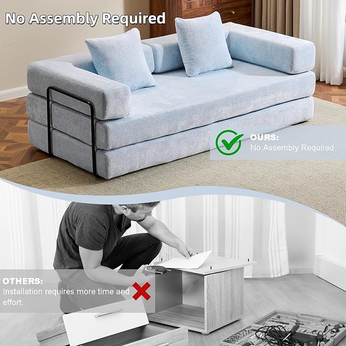 Convertible Floor Sofa Bed, Fold Out Floor Couch with Pillow Back & Armrest, Compressed Couch with Fixed-Shape Frame, Chenille Foldable Sleeper Sofa Bed for Living Room Bedroom, Light Blue