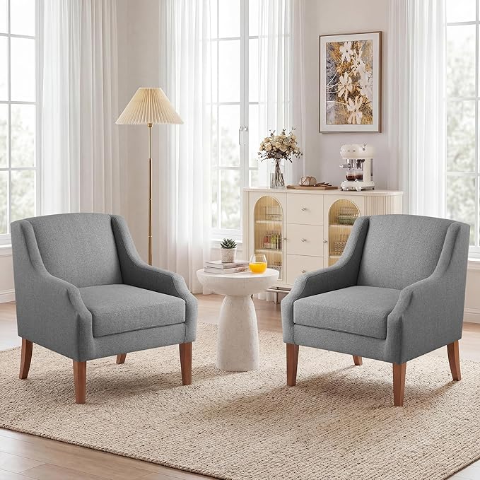 Accent Chair for Living Room Set of 2,No Assembly Upholstered Mid Century Modern Comfy Tufted Armchairs with Wooden Legs,Sofa Chairs for Bedroom, Reading Waiting Room Apartment Grey
