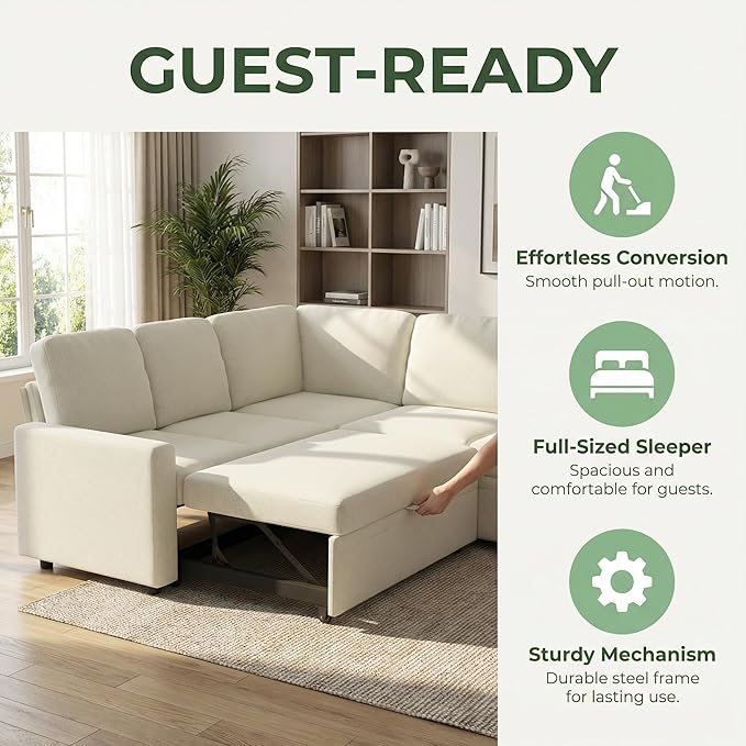 5-Seater Large Sectional Couch with Pull Out Bed, L Shaped Chenille Sofa with Storage, Convertible Modular Sofa, for Living Room, Apartment, Beige