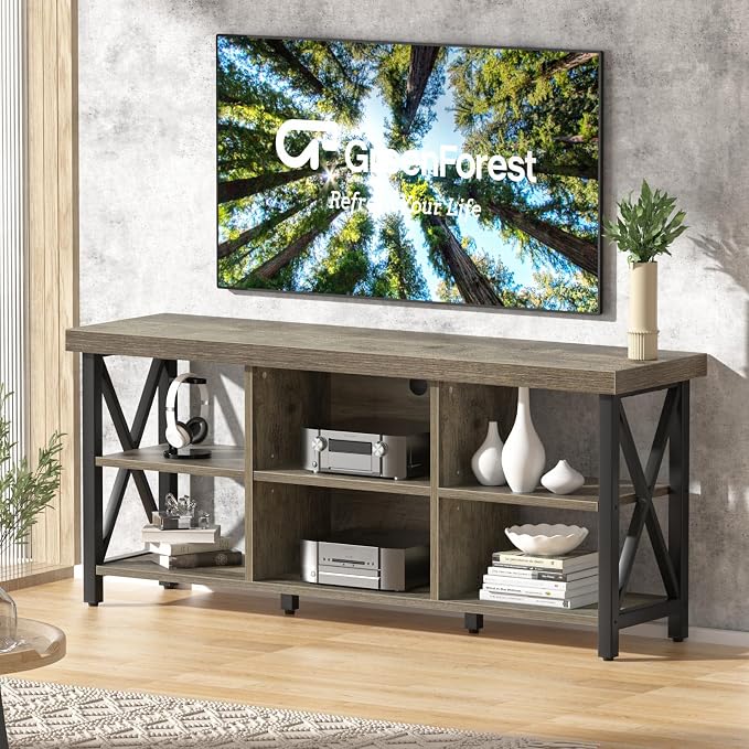 GreenForest TV Stand for TV up to 65 inches, Entertainment Center with 6 Storage Cabinet for Living Room, 55 inch Farmhouse Television Stands Console Table, Industrial TV Stands for Living Room, Gray - Image 7