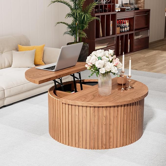 Fluted Lift Top Coffee Table with Hidden Storage, 31.6 Inch Round Coffee Tables for Living Room, Circle Wood Center Tables for Home (Walnut)