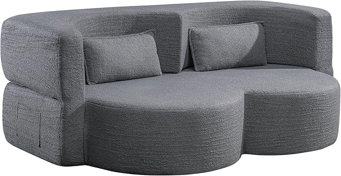 KEIKI 79" Convertible Floor Sofa Bed, Fold Teddy Sleeper Cloud Couch with Storage & Deep Seat, Comfy Upholstery Curved Boneless Futon Couches, 2-in-1 Sofas for Living Room Bedroom, No Assembly, Grey