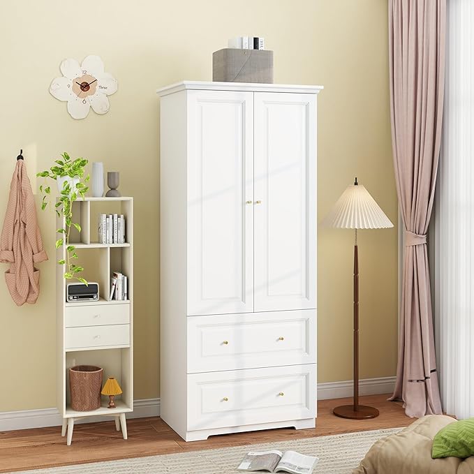 White Armoire Wardrobe Closet with Drawers: Wardrobe Closet for Hanging Clothes, Modern Bedroom Armoires with Hanging Rod, Wardrobes Closets with Doors and Shelves (White, 31.5")