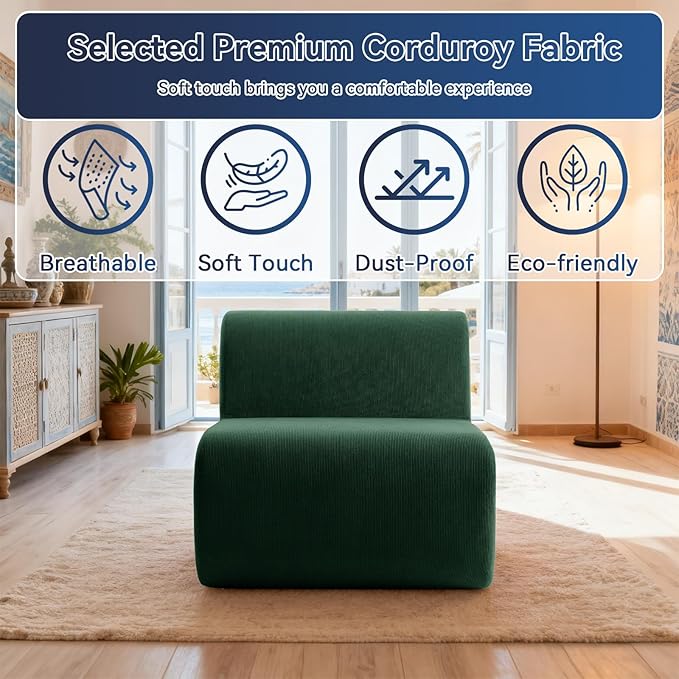 Boneless Couch 26" Single Sofa, 1 Seater Corduroy Couch, No Assembly Modern Compression Sofa in Box, Floor Sofa with Ergonomic Design for Living Room, Dark Green