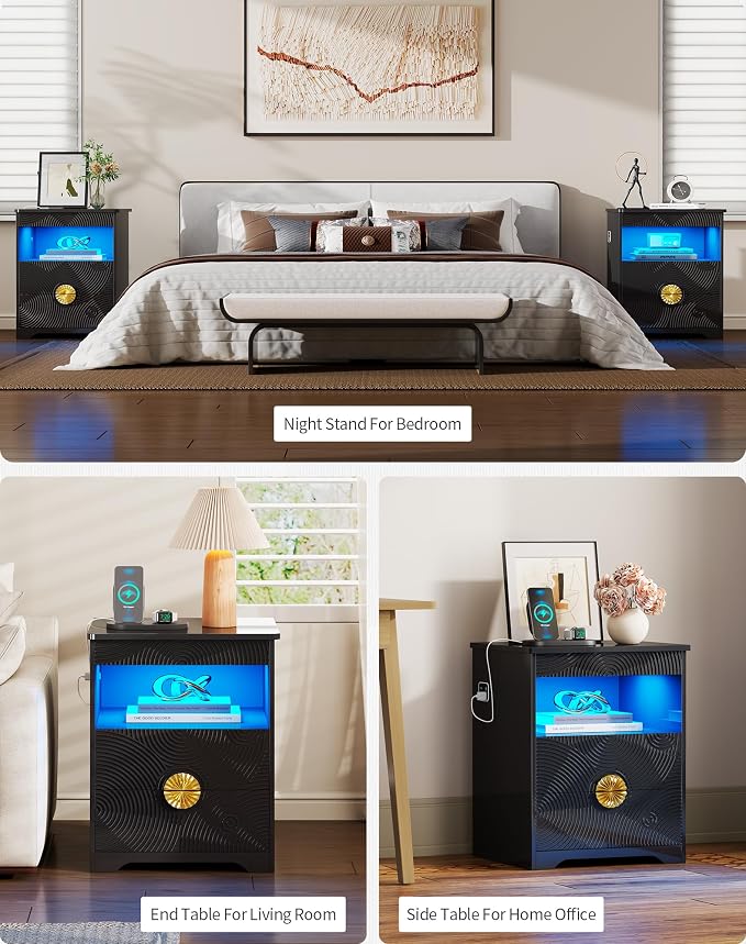 Modern Nightstand Set 2 with Gun Drawer, Bedside Table with 3-Color LED Lights & Human Sensor, Smart Night Stands with Charger Station, 2 Drawers End Table for Bedroom, Black - Image 8