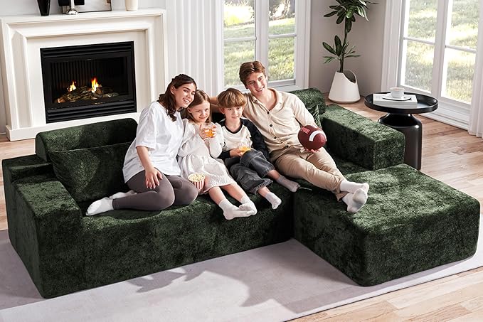 Homguava Modular Sectional Couches for Living Room,105" Cloud Couch with L-Shape Chaise,Comfy Sofa Living Room Couch with Deep Seat,No Assembly L Couch,Luxury Distressed Velvet(Green,R)