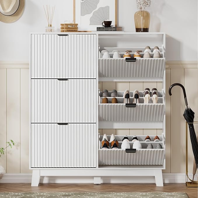 HUANLEGO Shoe Cabinet Storage for Entryway with 6 Flip Drawers, Fluted Narrow Shoe Organizer with Wooden Legs, Freestanding Slim Shoe Storage Hidden Shoe Rack Organizer for Front Door Entrance, White - Image 7