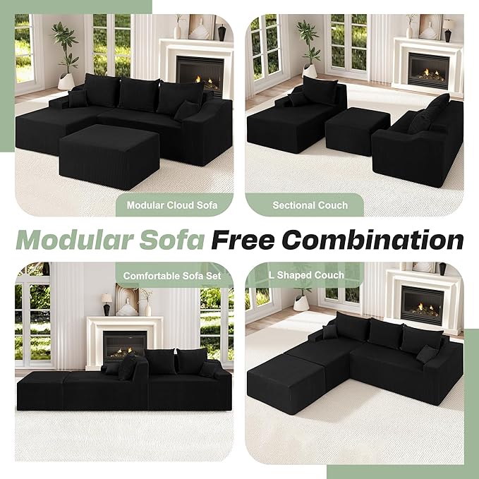 HABUTWAY 94“ U Shaped Modular Sectional Couch for Living Room, Modular Cloud Sofa with Ottoman, No Assembly Boneless Couches with Deep Seat, Corduroy Fabric (Black, Left Facing)