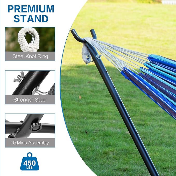 PNAEUT Double Hammocks with Stand for Outside, Portable Space Saving Heavy-Duty Steel Stand for Indoor Outdoor Patio with Carrying Bag, 450 lbs Capacity (Blue Lagoon) - Image 7