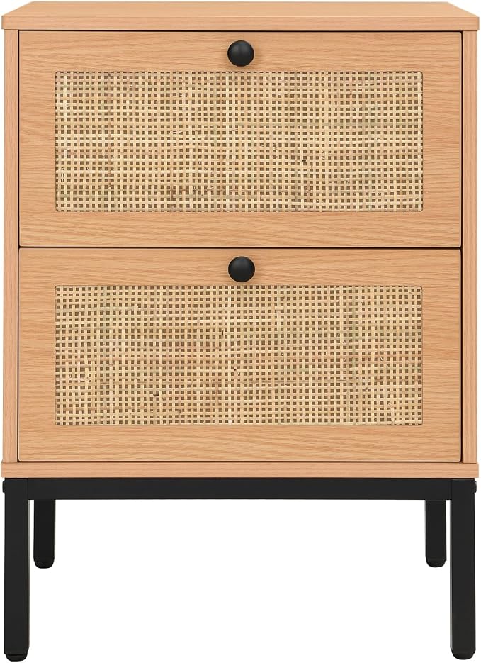 Yechen Set of 2 Rattan Nightstands with 2 Storage Drawers, Boho Bedside Table with Handmade Natural Cane, Mid-Century Modern End Table with Metal Legs for Bedroom, Brown - Image 9