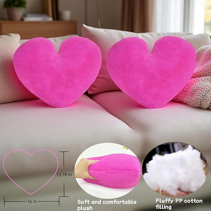 2 Pcs Hot Pink Heart Pillow Decorative Throw Pillows 16-inch Cute Soft Fluffy Heart Shaped Pillows for Bed Couch Sofa Bedroom Living Room Decor Aesthetic (Hot Pink, 16"x13.78")