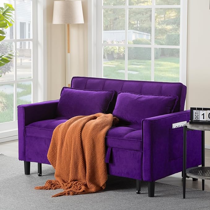 3 in 1 Convertible Sofa Bed, Love Seat Sleeper Bed with Side Pockets, Velvet Fabric Pull Out Couch with Adjustable Backrest for Living Room, Bedroom, Apartment, Purple
