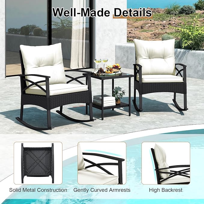 Tangkula 3 Pieces Outdoor Rocking Chairs Set, Rattan Heavy Duty Cushioned Rocker Chairs with 2-Tier Tempered Glass Coffee Table, for Garden, Balcony, Backyard (Black+Beige) - Image 9
