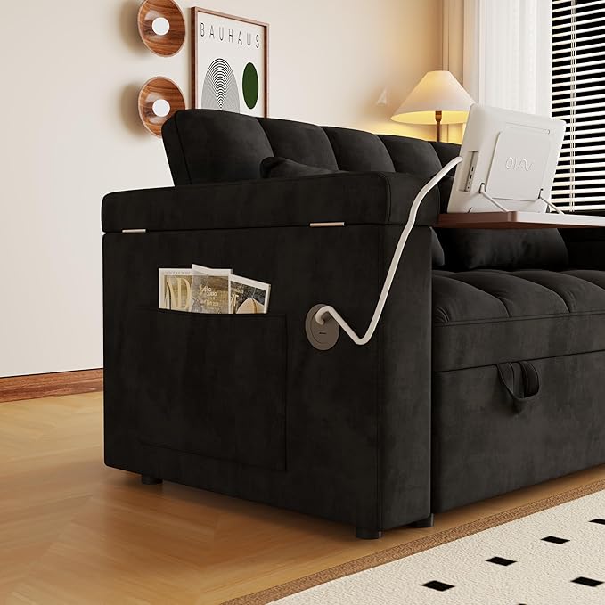 Convertible Sofa Bed, 5-in-1 Pull Out Couch with Side Table, Loveseat Sleeper Sofas Bed Couch with USB Port, 65‘’ Velvet Pull Out Sofa Beds for Living Room, Bedroom, Apartment