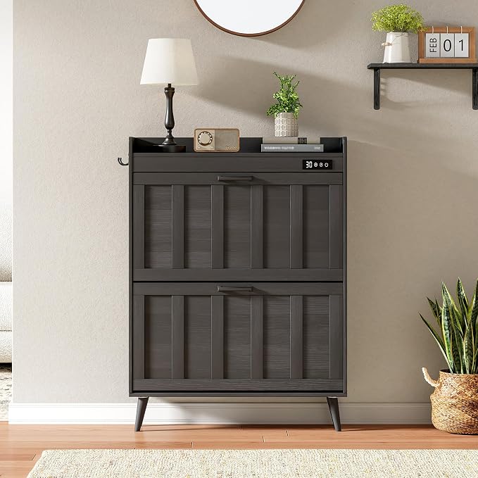 ChooChoo Shoe Storage Cabinet with 2 Flip Drawers, Deodorizing Shoe Organizer Storage for Entryway, Freestanding Hidden Slim Narrow Shoe Rack Cabinet, Black - Image 9
