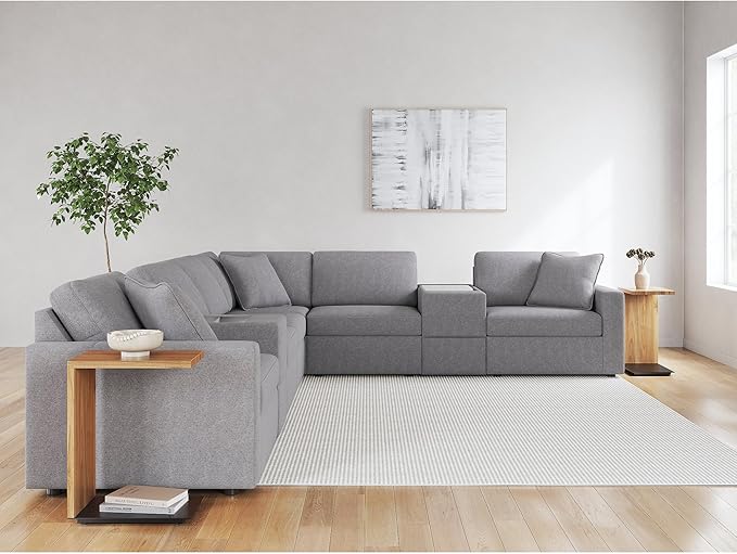 Signature Design by Ashley Modmax Contemporary Stain Resistant Right-Arm Facing 8-Piece Sectional with Storage Consoles, Armrest, Throw Pillows and Reversible Cushions, Gray