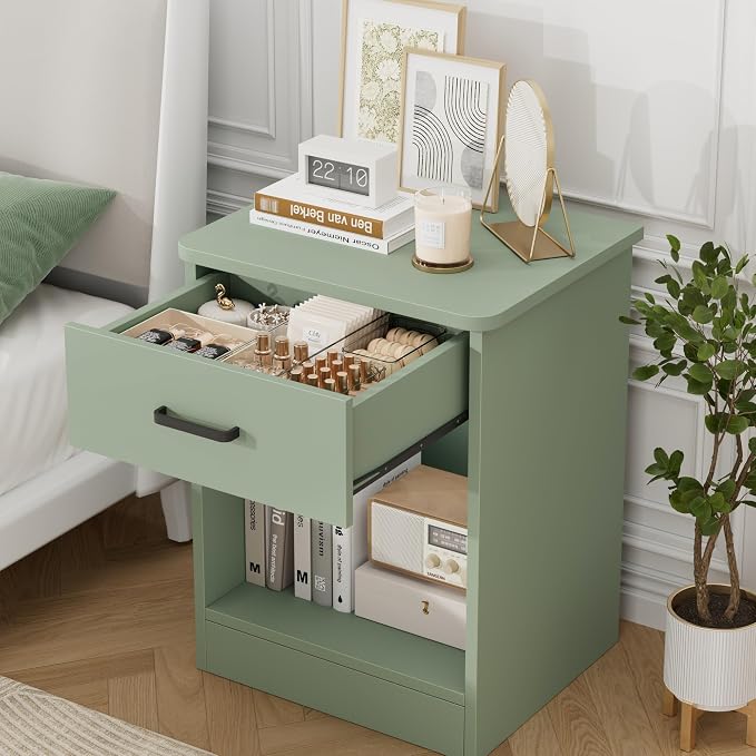 FOTOSOK Nightstand Set of 2, 2-Tier Side Table with Drawer and Storage Shelf, Bedside Table End Table, Modern Night Stand for Bedroom, Home Office, Green - Image 6