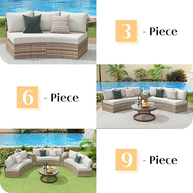 PaPaJet 6-Piece Patio Furniture Set, Half-Moon Wicker Sectional Sofa with Cushions, Waterproof Rattan Outdoor Conversation Set for Beach, Pool, Garden & Balcony, Beige