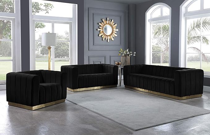 Meridian Furniture 603Black-L Marlon Collection Modern | Contemporary Velvet Upholstered Loveseat with Deep Channlel Tufting and Brushed Gold Finish, Black, 62.5" W x 34" D x 28" H