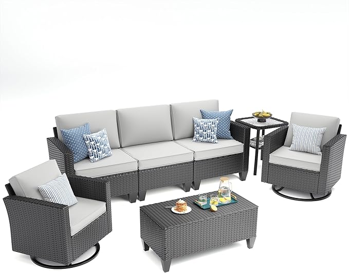 UDPATIO Patio Furniture Set, 5 Pieces Outdoor Conversation Sets with Rocking Swivel Chairs, Wicker Rattan Outdoor Sofa Set with Storage Table and Waterproof Covers for Backyard, Deck, Light Grey