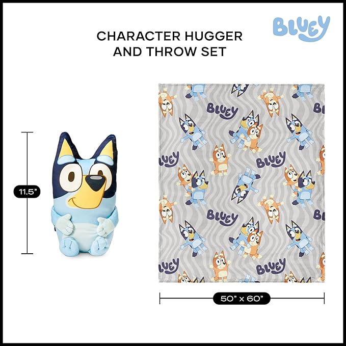 Bluey Throw & Plush Hugger Set, 50"x60" Silk Touch Blanket with 3D Character Pillow – Soft, Cozy Blanket for Kids and Toddlers