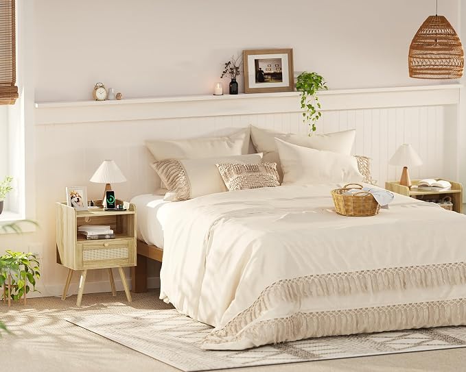 SUPERJARE Nightstand with Charging Station & Rattan-Like Decor Drawer, Rattan End Table with Solid Wood Feet, Bed Side Table with Open Storage, for Bedroom, Living Room, Dormitory - Natural - Image 9