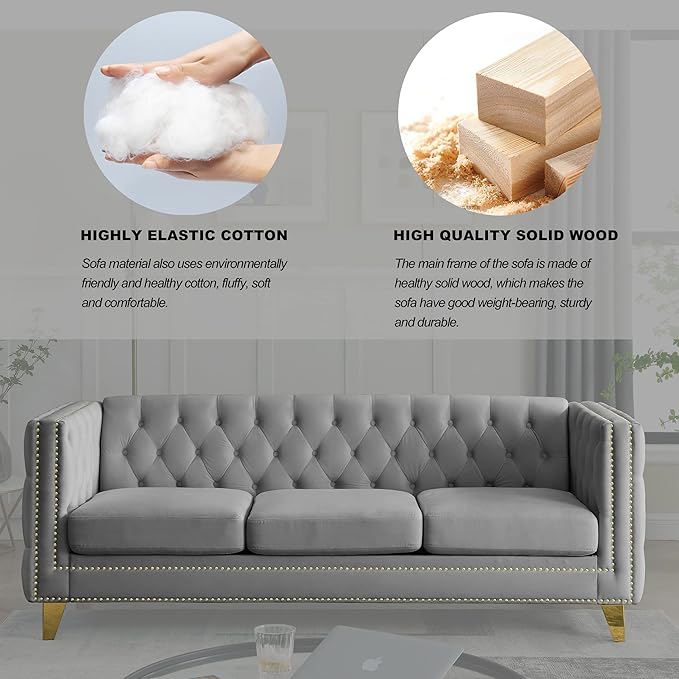 KEIKI Tufted Velvet 3 Seat Sofa Couch for Living Room, Buttons Tufted Square Arm Couch for Home Apartment, Gray