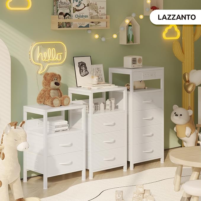 Lazzanto NightStand Bedside Charging Table Bedroom - Night Stand with Charger Station, White Modern Bed Side End Table with Open Shelf & 2 Fabric Drawers, USB-C Port & AC Outlets for Dorm, Living Room - Image 8
