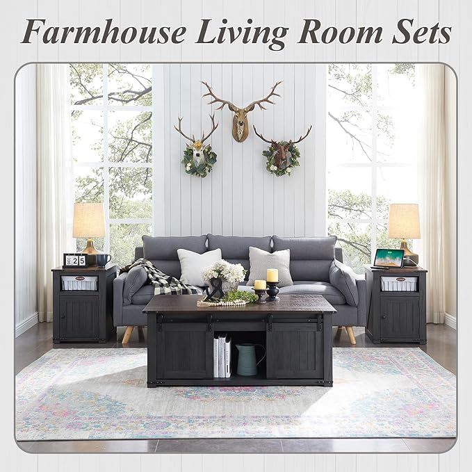 48" Lift Top Coffee Table, Farmhouse Cocktai with Sliding Groove Barn Door, Rustic Wood Center Table w/Double Storage Spaces for Living Room, Dark Grey