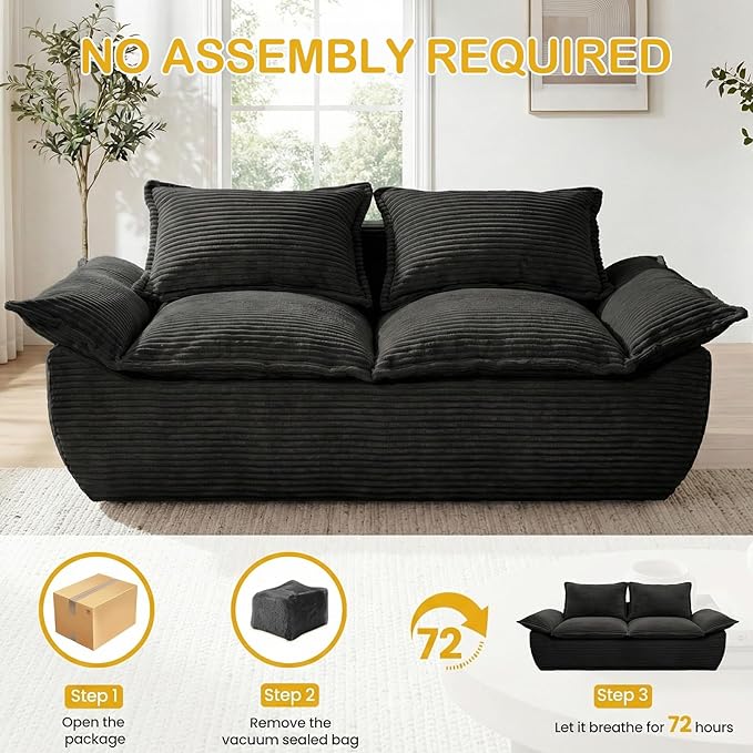 59" Boneless Loveseat Sofa, 2-Seater Black Boneless Sofa with Removable Cushions & 2 Pillows, Small Couch Boneless Compress Foam Sofa for Living Room, Apartments, & Office