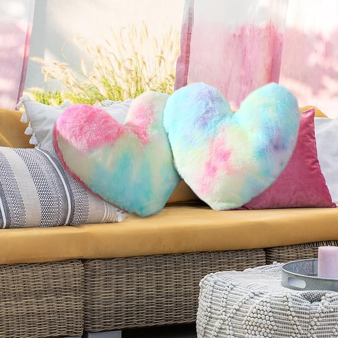 Marsui 2 Pcs Heart Throw Pillows, Soft Fluffy Faux Fur Decorative Hearts Shaped Pillows for Living Room Sofa Bed, Cute Heart Themed Gift for Women(Colorful,11.81 x 11.02 Inch)