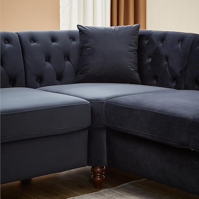 KEIKI 83.5" Chesterfield Corner Sofa, Upholstered L-Shaped Velvet Couch with Rolled Arm, 5 Seater Corner Sofas for Living Room Bedroom Office Apartment, Black