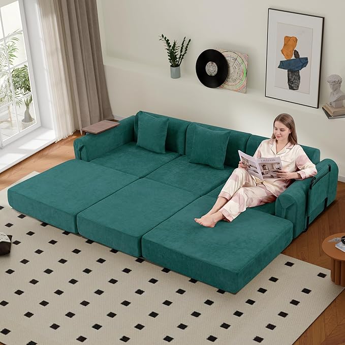100" Convertible Sleeper Sofa Bed, Oversized Modular Sectional Cloud Sofa with Fixed-Shape Frame & Tabletop, Boneless Couch with Storage Pocket for Living Room, No Assembly Required, Green