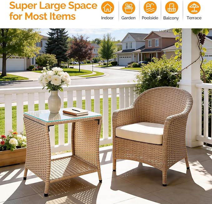 VINGLI Outdoor Wicker Side Table Patio Side Tables for Outside, Tempered Glass Top Wicker Table with Storage End Table for Balcony Porch Deck (Natural) - Image 6