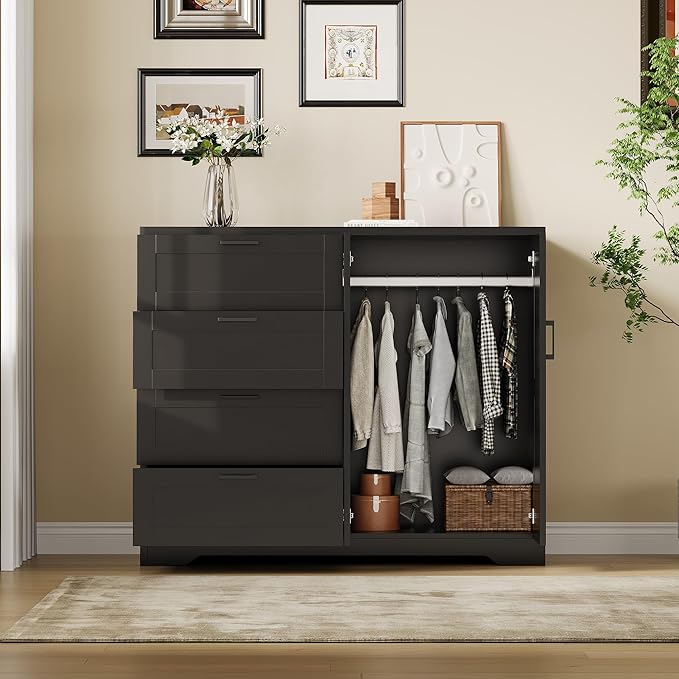 IDEALHOUSE 43.3'' H Armoire Wardrobe Closet with 4 Drawers and 2 Doors, Hanging Rod, Multifunctional Wooden Dresser with Storage Closet, Bathroom Cabinet for Bedroom, Black