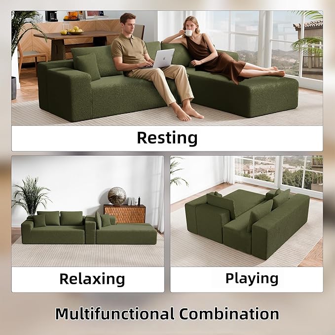 105" Cloud Sectional Couch with L-Shape Chaise,Modern Modular Sofa with Deep Seat, Fluffy Boneless Couches for Living Room Bedroom,No Assembly Required, Green (Plush Wool Fabric)