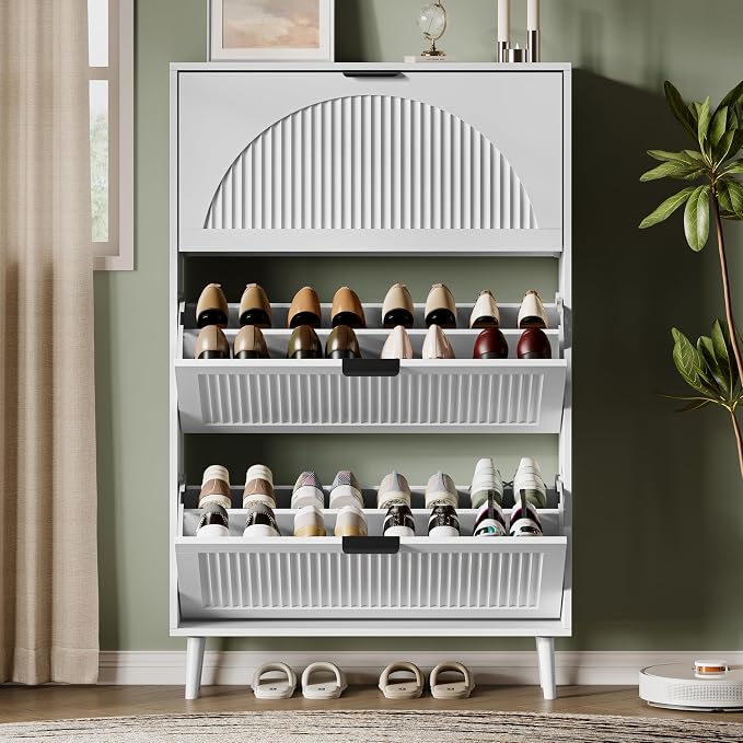 Xixini Shoe Storage Cabinet with 3 Flip Drawers, 50" Tall Narrow Wood Fluted Shoe Organizer for Entryway, Freestanding Wooden Hidden Slim Shoe Rack for Front Door Entrance, Hallway, Foyer, Solid White - Image 7