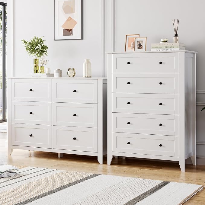 GarveeHome White 5 Chest of Drawer Dresser, Modern Tall Nightstand with Deep Drawers and Nickel Round Handle, Wood Organizer Storage Cabinet for Bedroom, Living Room, Hallway - Image 8