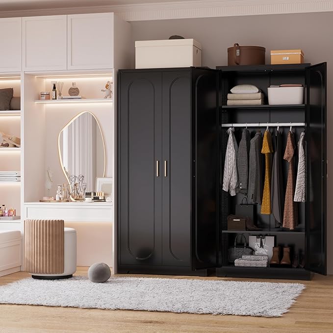 Polup Metal Armoire Wardrobe Closet with Hanging Rod, 71" Tall Wardrobe Cabinet for Clothes, Black Clothing Storage Cabinet with Doors and Shelves, Large Wardrobes for Bedroom, Office, Employee